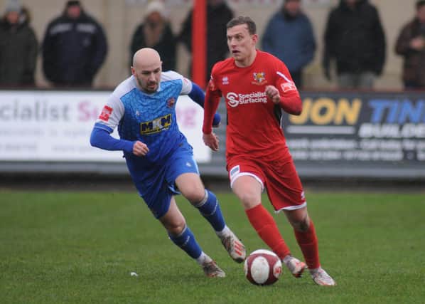 Ellis Barkworth pushes on for Bridlington Town during their 2-0 home win against Winterton Rangers. PHOTO BY DOM TAYLOR