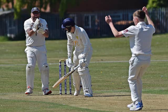 Keeper-batsman Lee Kerr, pictured celebrating a catch earlier this season against Ganton, hit 47 in Cayton's win against Thornton Dale,. Photo by Simon Dobson