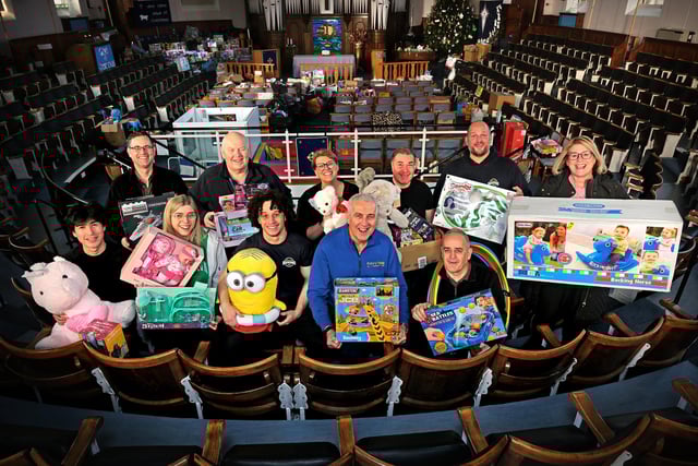 Nigel Wood and his team at Scarborough's Westborough Church, with the collection of  toys to donate from the toy appeal. picture: Richard Ponter