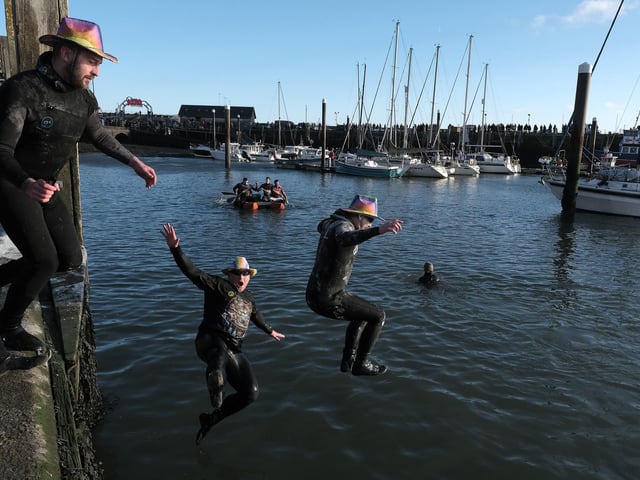 Celebrating at the finish