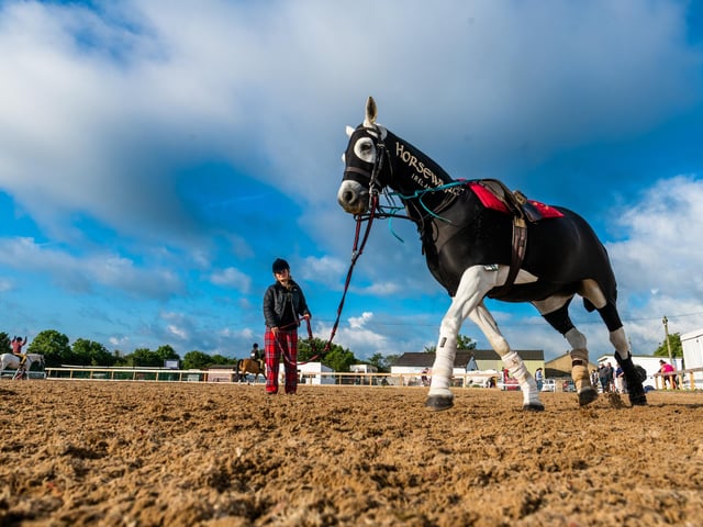 Bobbi Cox (aged 14) warms up her horse Rosscon Duffy in one of the outdoor arenas ready for the third day of the show