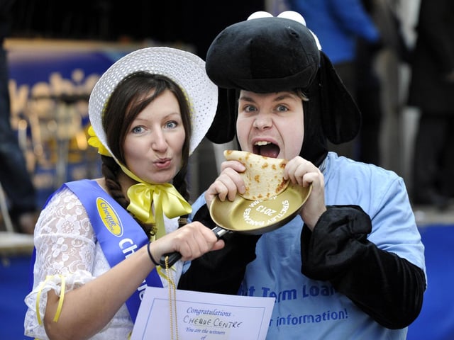 Bo Peep and Shaun the Sheep, Vicky Marsh and Mike Seddon, from the Cheque Centre on Aberdeen Walk, the winners of the town centre pancake races fun competition - 12/02/2013