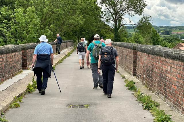 Walkers enjoy a scenic panorama from the top of Larpool Viaduct.