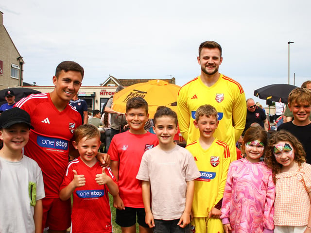 Young Boro supporters meet Lewis Maloney and keeper Mathew Bancroft at the kit launch.