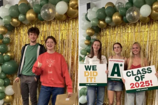 Harry, who achieved A*A*A*A is going to study Mathematics and Amelia, who got A*AA and will pursue Modern and Medieval Languages (left). Millie received Distinction * BE will go on to study Paramedic Science, alongside Lucy who got AAA* and will study Psychology, as well as Evie, who achieved CBBC and will study Photography (right).