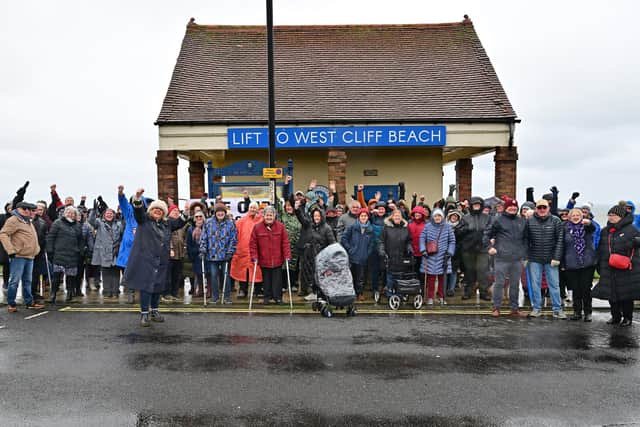 Protesters gather at Whitby Cliff Lift. photo: Richard Ponter