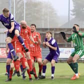 Brid Spa rise highest for a header in the ER League Junior Cup final win against Springhead. PHOTOS BY TCF PHOTOGRAPHY