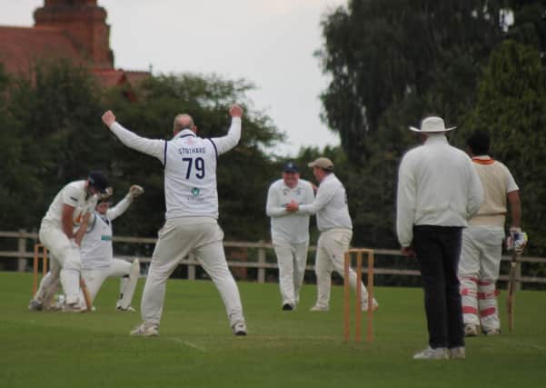 Woodhouse's Phil Stothard celebrating his second wicket against Yorkshire Gentlemen. PHOTO BY PHIL GILBANK