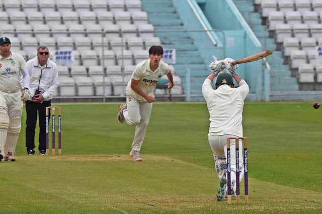 Danny O'Conner bowls to former Scarborough batsman Adam Newington. Photo by Simon Dobson