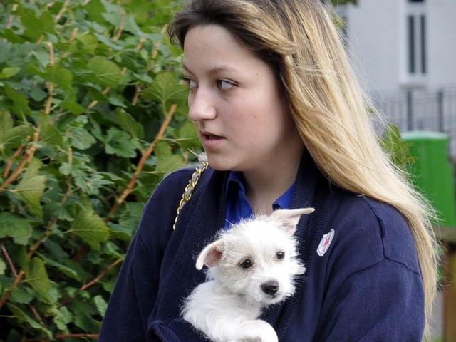 And puppy comes too, on A level and As exam results day at Scarborough 6th Form College in 2012.