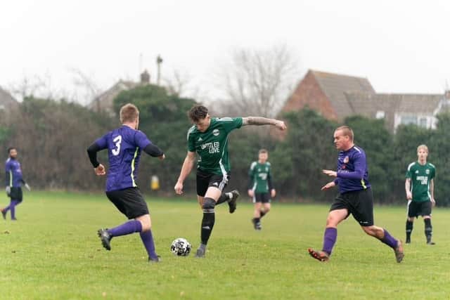 Ayton, green kit, pictured earlier this season against Goal Sports, won 5-0 at home to Kirkdale on Saturday. Photo by Wandering Photography