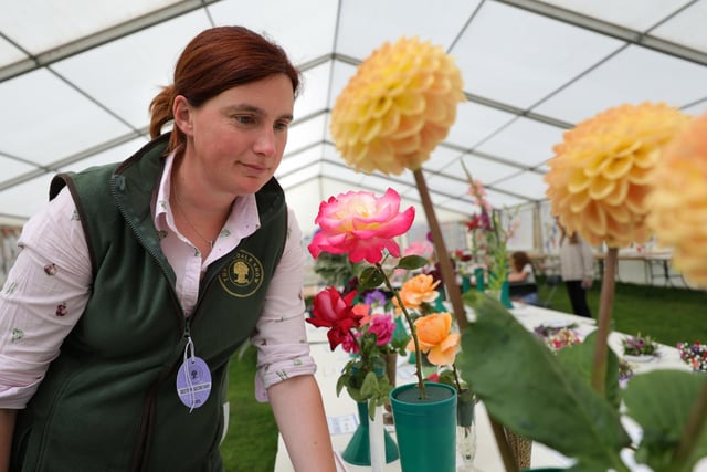 Produce Secretary Jo Dowson viewing some of the display flowers