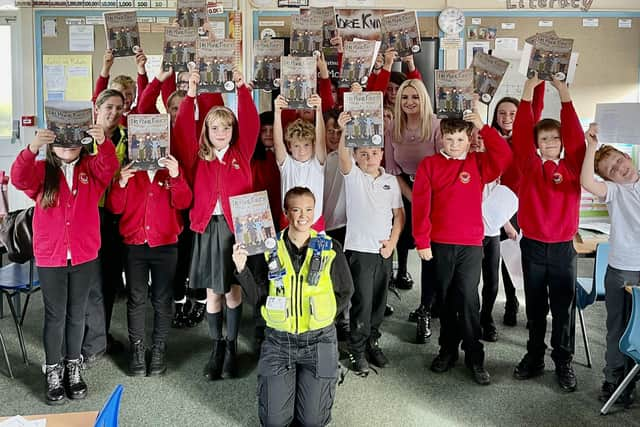 Fylingdales School youngsters with author Christine Gabbitas.