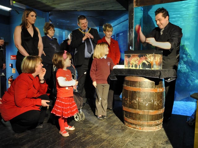Magician Danny Hunt performs some amazing tricks at the opening of the new sea dragon display tank at the Sea Life Centre.