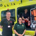 HR Manager Laura Wilson with Yorkshire Air Ambulance, Armed Forces veterans, Pilot, Owen McTeggart (left), Paramedic, Fiona Blaylock (Middle), Paramedic Andrew Armitage (Inside Helicopter).