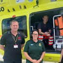 HR Manager Laura Wilson with Yorkshire Air Ambulance, Armed Forces veterans, Pilot, Owen McTeggart (left), Paramedic, Fiona Blaylock (Middle), Paramedic Andrew Armitage (Inside Helicopter).