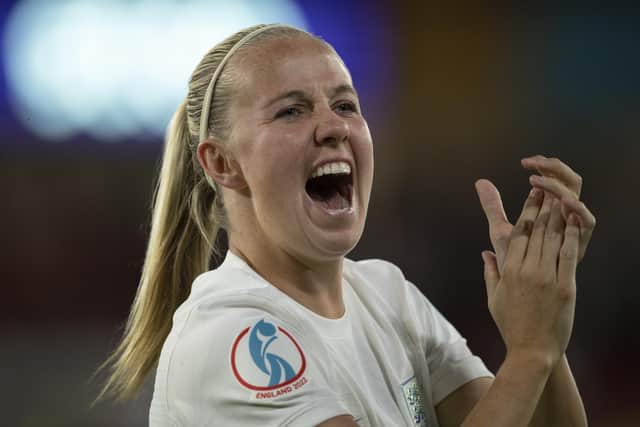 Beth Mead celebrates to fans following the UEFA Women's Euro 2022 Semi Final match between England and Sweden at Bramall Lane. 
Photo by Visionhaus/Getty Images