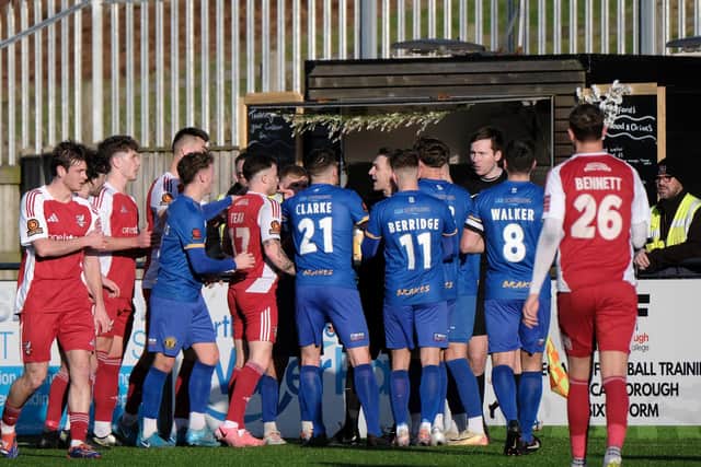 Scarborough Athletic and Leamington square up during the home team's 3-0 win on Saturday. Photo by Richard Ponter