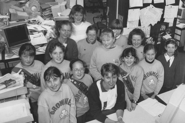 The Old Town Brownies were given a guided tour of the Scarborough Evening News offices by seafront reporter Gary Nicks in January 1995. During their visit the pack took a closer look at the newsdesk and how the paper is put together. 