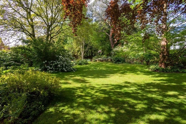 Private lawned gardens are fringed with a variety of trees and shrubs.