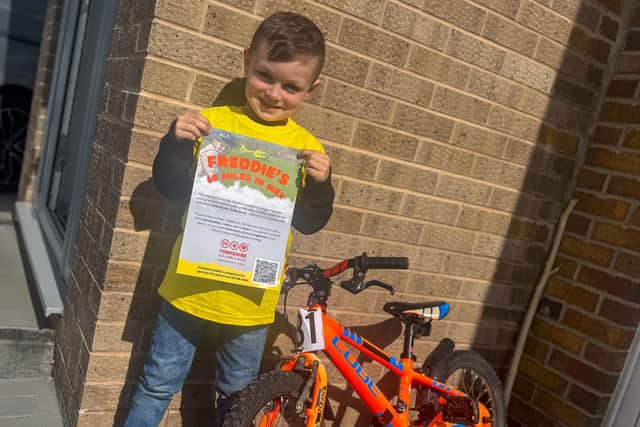 Freddie Fawcett, four, is cycling 60 miles in May for Yorkshire Air Ambulance.