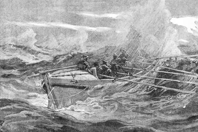 Illustration of a similar lifeboat to the Winnefride Mary Hopps ‘shipping a sea’ taken from an 1888 lifeboat journal.