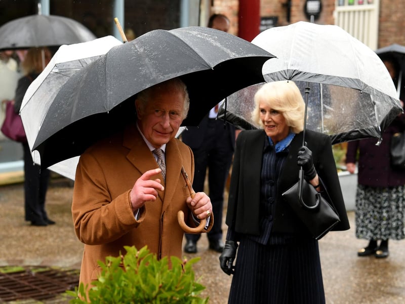 King Charles and Queen Consort Camilla pictured smiling and waving to the crowd.