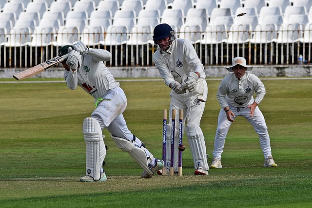 Diego Rosier is cleaned bowled by Jack Redshaw.