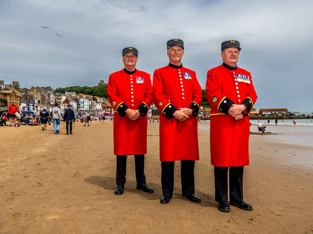 Chelsea Pensioners (IP's) Alan Gill, Pat Callaghan, and Albert Weastell, on the South Bay beach, Scarborough.