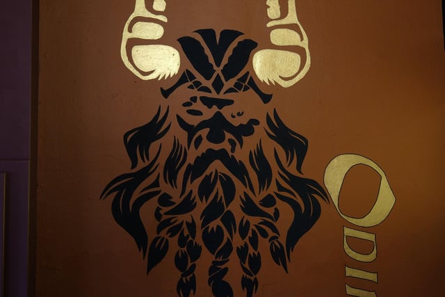 Odin the Viking god is painted on one wall, and a Valkyrie is painted on another. Odin has links to 'Tree of Life' and other runes you will see painted about and there is a story behind this painted Odin having an eye closed, but you'll have to ask about it!