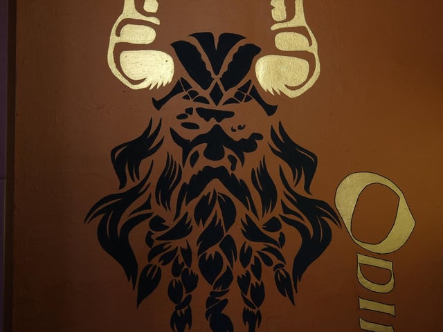 Odin the Viking god is painted on one wall, and a Valkyrie is painted on another. Odin has links to 'Tree of Life' and other runes you will see painted about and there is a story behind this painted Odin having an eye closed, but you'll have to ask about it!