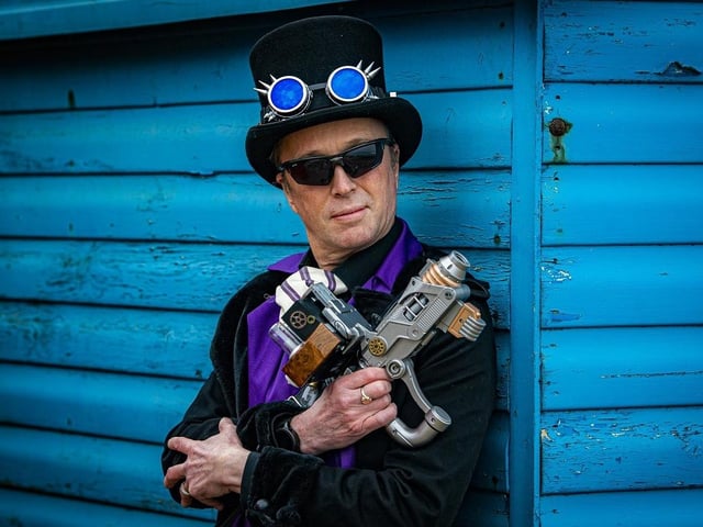 Richard Hill posing for a photo at Whitby Steampunk Weekend.
