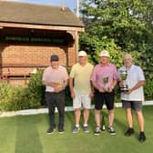 Borough President Steve Taylor presenting the trophies to the finalists at Borough Bowling Club.