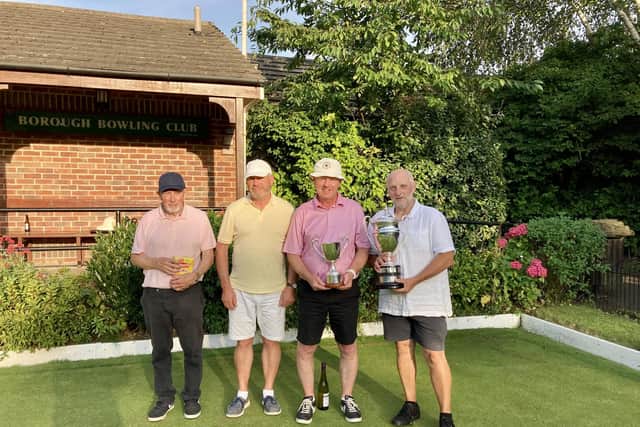 Borough President Steve Taylor presenting the trophies to the finalists at Borough Bowling Club.