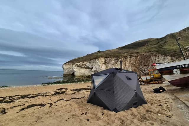 ROE Wild Saunas is located on the beach at the foot of the old North Landing lifeboat station slipway in Flamborough. Photo credit: ROE Wild Sauna.