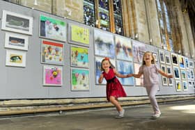 Sisters  Scarlett  and Siena Williams from Bishop Monkton next to some of the art being hung for the Great North Art Show at Ripon Cathedral