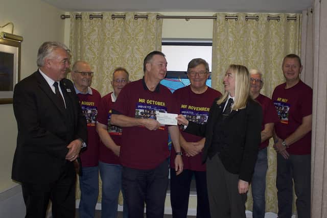 Vicky and Max of Ernest Brigham Funeral Directors of Bridlington gave a generous donation to the Calendar boys, who are pictured here wearing special t-shirts with their calendar month on. Photo courtesy of Ian Ellis.