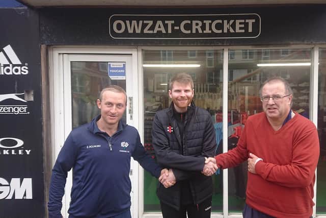 From left, George Bentley, Owzat's Brad Walker and John Green.