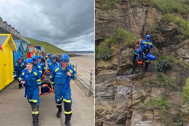 Whitby Coastguard team's stretcher carry in front of the beach huts (left) and up the cliff!