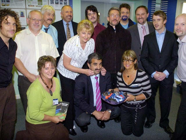 Moustache Wars at George Pindar Community Sports College, front (from left): School Nurse Joan Blomfield, Glenda Acklam, Head Hugh Bellamy and Gina Wood from Debenhams who provided some free goodies, with some of the other members of staff who took part.
073915