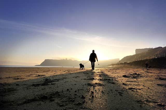 A lone dog walker on Scarborough's North Bay Beach as the mist clears over the Castle.