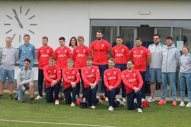 Thornton Dale Cricket Club's Cameron Cooper, second, from left, front row, lines up for England.