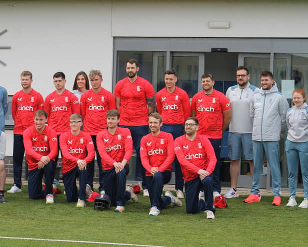 Thornton Dale Cricket Club's Cameron Cooper, second, from left, front row, lines up for England.