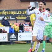 Rio Allan celebrates putting Boro 1-0 up at Hebburn. Photo by Jack Boys