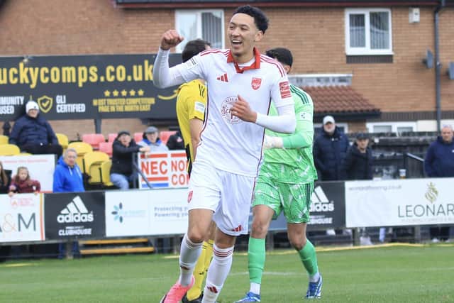 Rio Allan celebrates putting Boro 1-0 up at Hebburn. Photo by Jack Boys