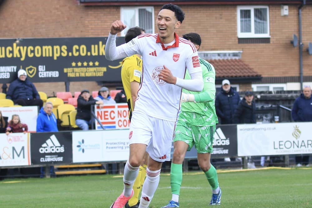 Rio Allan celebrates putting Boro 1-0 up at Hebburn. Photo by Jack Boys