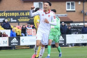 Rio Allan celebrates putting Boro 1-0 up at Hebburn. Photo by Jack Boys