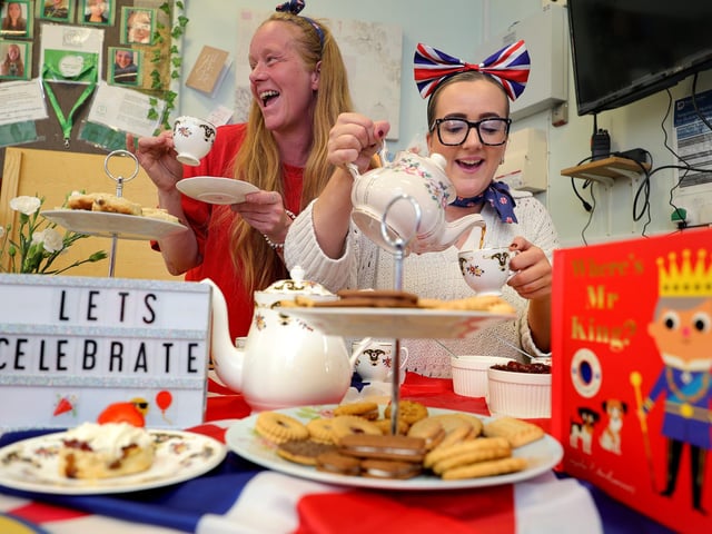 Childhaven Nursery celebrates VE Day, Amanda and Jess have some refreshments.