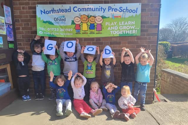 Youngsters at Northstead Community Pre-School, Scarborough, celebrate their Ofsted report.