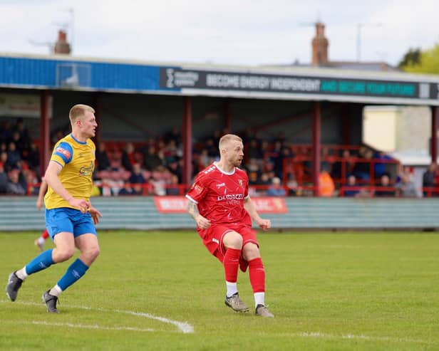 Danny Earl in action for Bridlington Town as they slipped to a 3-0 loss at home to high-flying Stocksbridge Park Steels on Saturday. Photo by TCF Photography